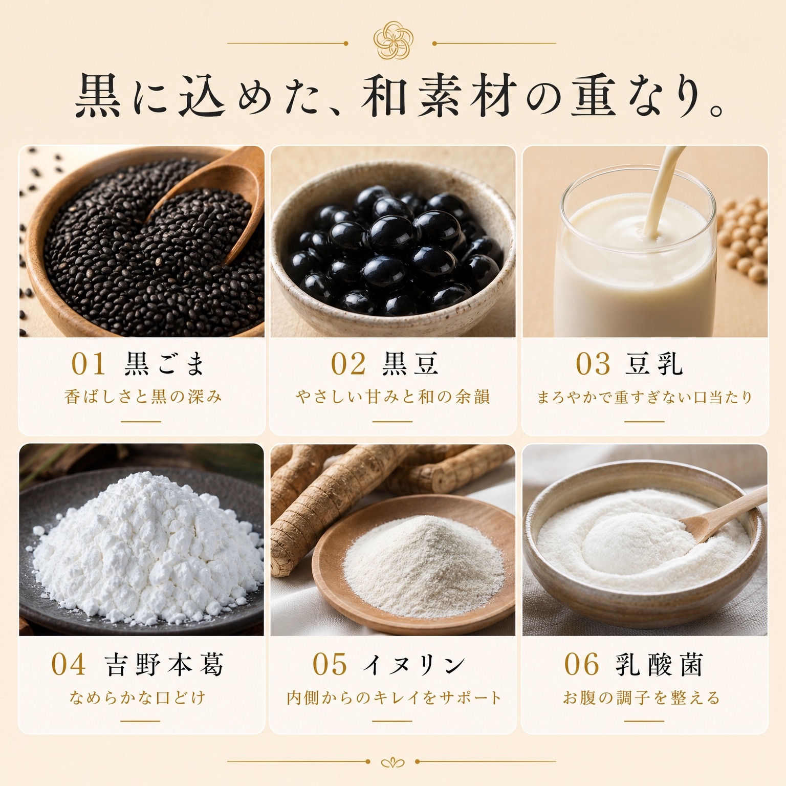 黒に込めた、和素材の重なり。黒ごま、黒豆、豆乳、吉野本葛、イヌリン、乳酸菌。